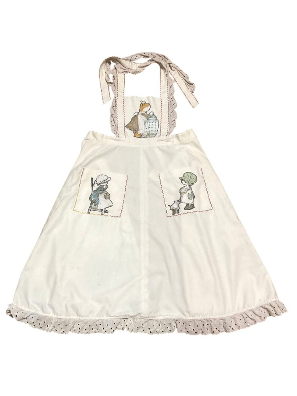 Vintage Apron With Sunbonnet Sue Embroidery & Lace Trimmed Hem Waist to Hem 28"